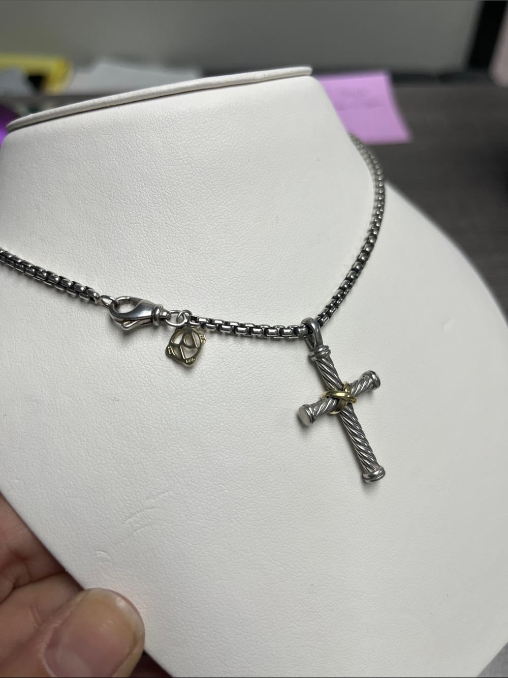 David Yurman Sterling Silver Two-Tone Cross Pendant Necklace - Silver & Gold - Picture 2 of 2